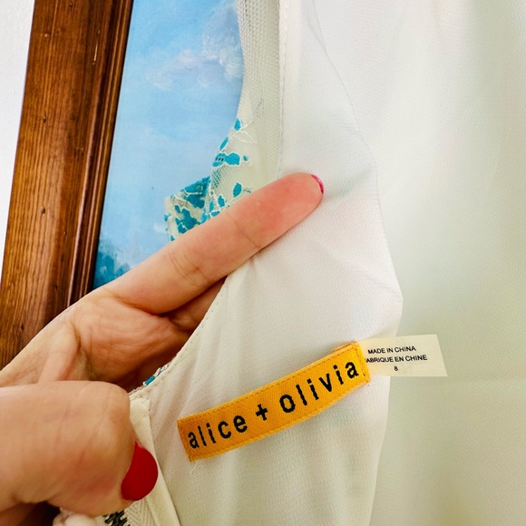 Alice Olivia Fila Lace Dress embroidered tulle Flare -Turquoise Size 8 - Picture 8 of 8